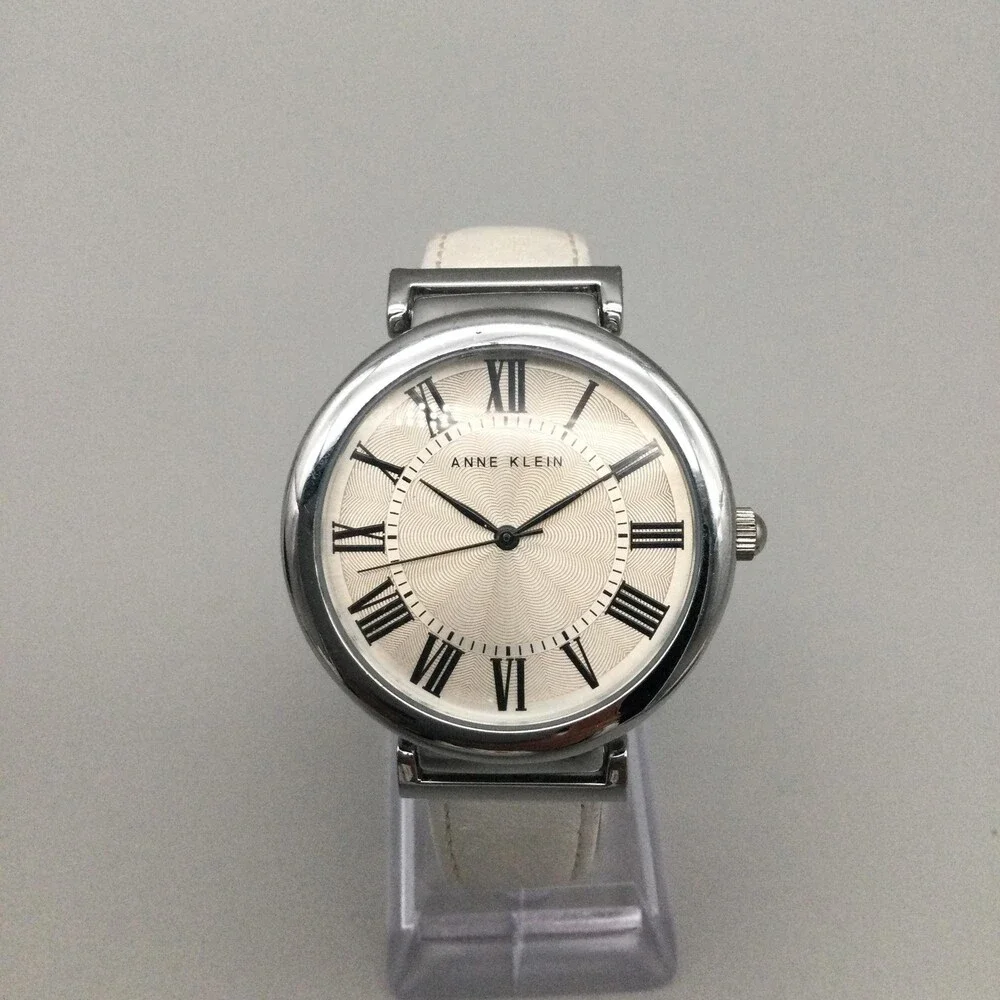 Anne Klein Womens Dress Watch 38mm Large Dial White Leather AK/2137 New Battery